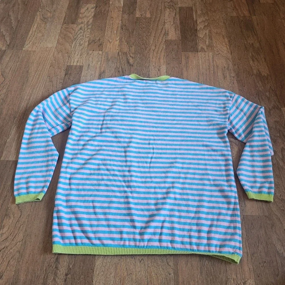 Lillusory Striped Knit Sweater Pink Blue Lime Green Crew Neck Pocket Small 519